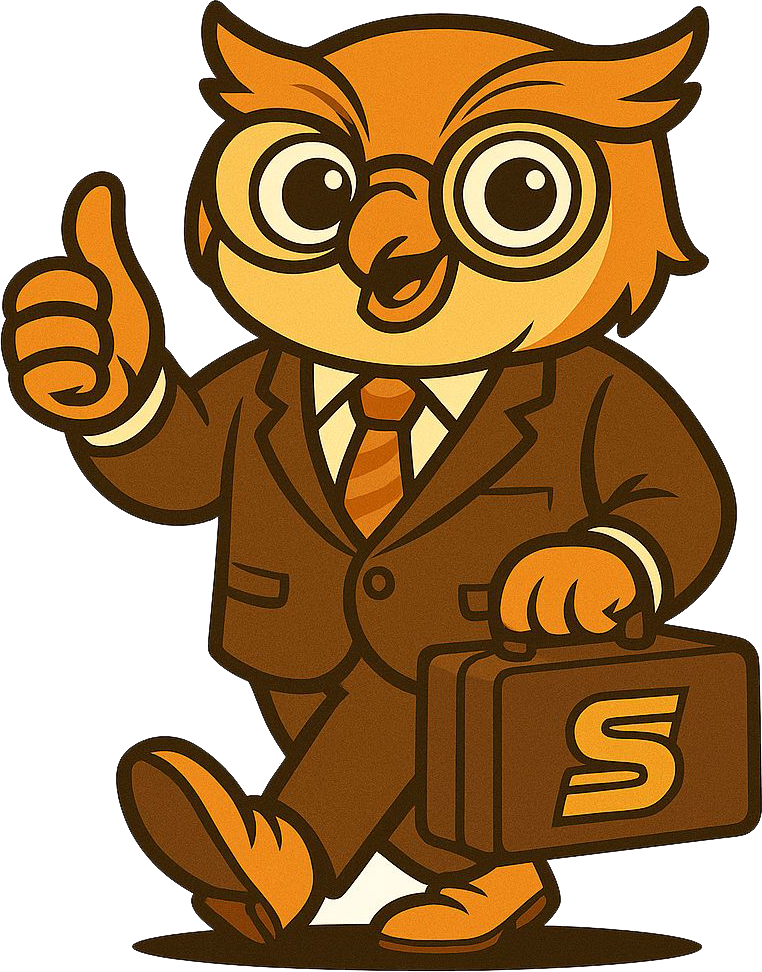 Sandstone Settlements owl mascot holding cash and a briefcase