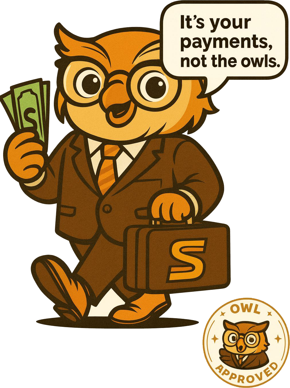 Sandstone Settlements owl mascot holding cash and a briefcase